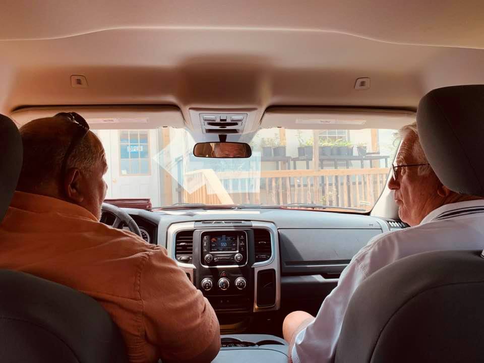 David and Bill Bright in the front of our new truck while we took them on a tour of the farm. Rita, Juanita, and Dad were sitting in the backseat. David and Bill Bright in the front of our new truck while we took them on a tour of the farm. Rita, Juanita, and Dad were sitting in the backseat.