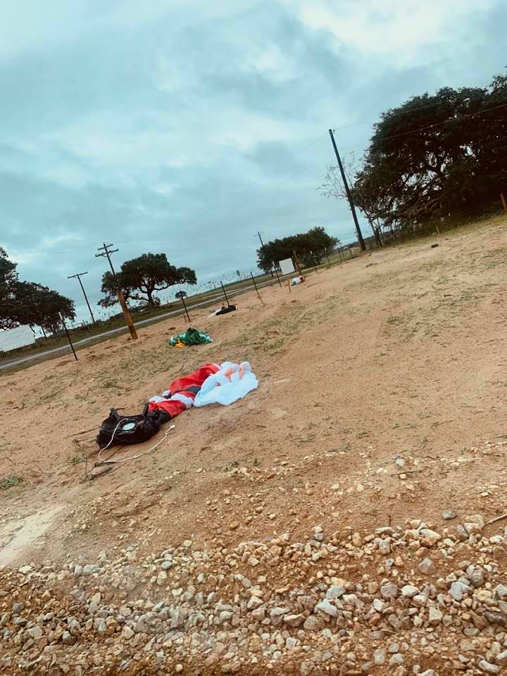 Early this morning, the wind blew hard and it poured. Santa collapsed, along with the tree. Mary and Joseph were thrown but baby Jesus was fine.