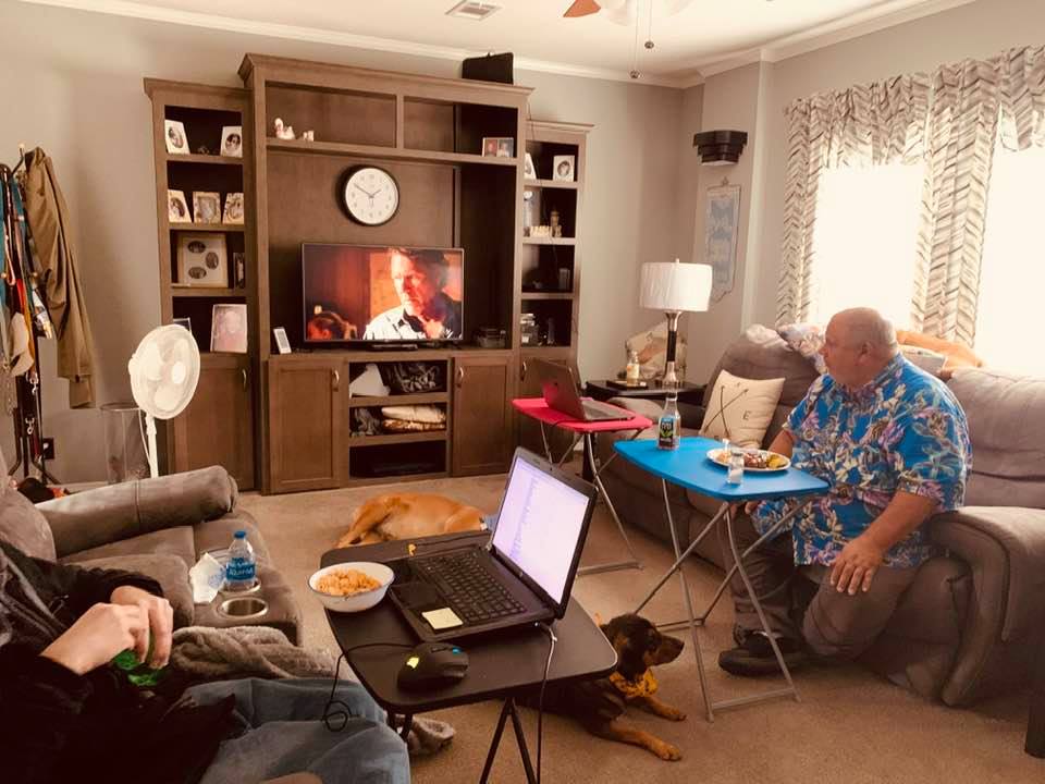 The newly arranged den feels so much bigger now that the loveseat and couch are across from each other instead of next to each other.