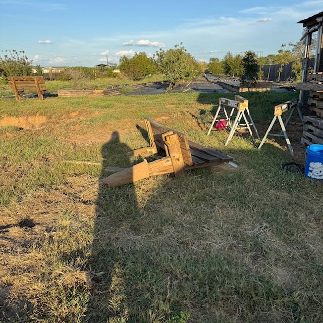 The ground is torn up here as well as all the way up and out and the bench was taken out of the ground. Note my long shadow for that time of day. I am short... The ground is torn up here as well as all the way up and out and the bench was taken out of the ground. Note my long shadow for that time of day. I am short...