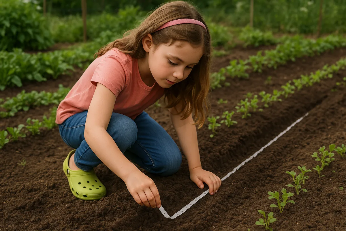 A girl plants her DIY seed tape in the garden.