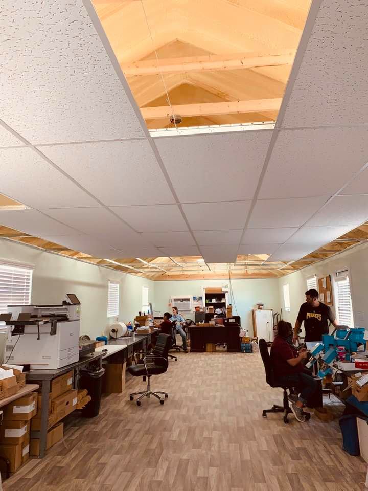 The drop ceiling is almost complete but the contractors had to leave.