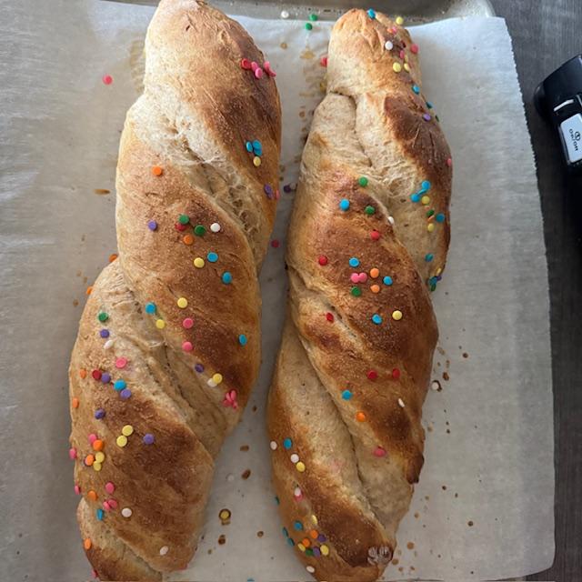 These are my loaves of Easter Bread. They came out good, a bit sweet, but not too sweet.