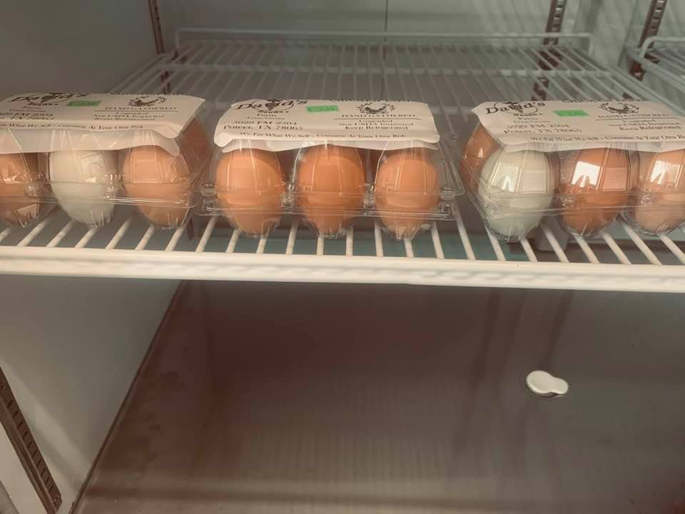 Our chicken eggs are for sale in our farm store in packs of six or a dozen.