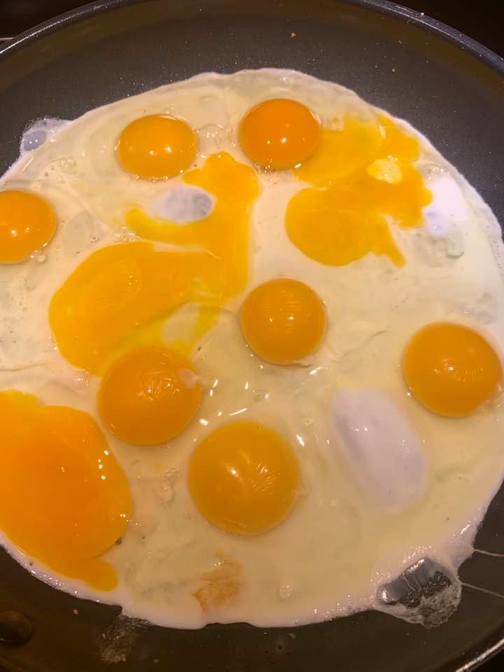 Look at the beautiful, dark yolks in my frying pan this morning. My eggs are fresh and so good! It is because we feed our chickens good quality things they love. Look at the beautiful, dark yolks in my frying pan this morning. My eggs are fresh and so good! It is because we feed our chickens good quality things they love.