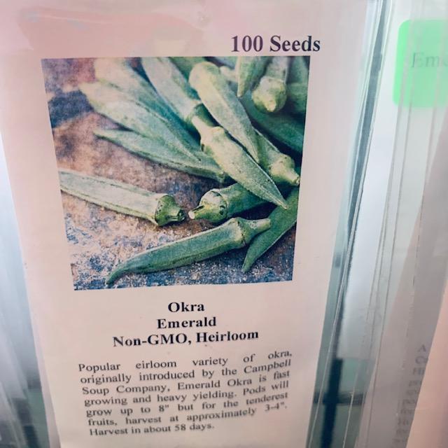 Here are our two Emerald okra packets. This one is Emerald Okra. It is green in color like most with 3 to 4 inch fruits.
