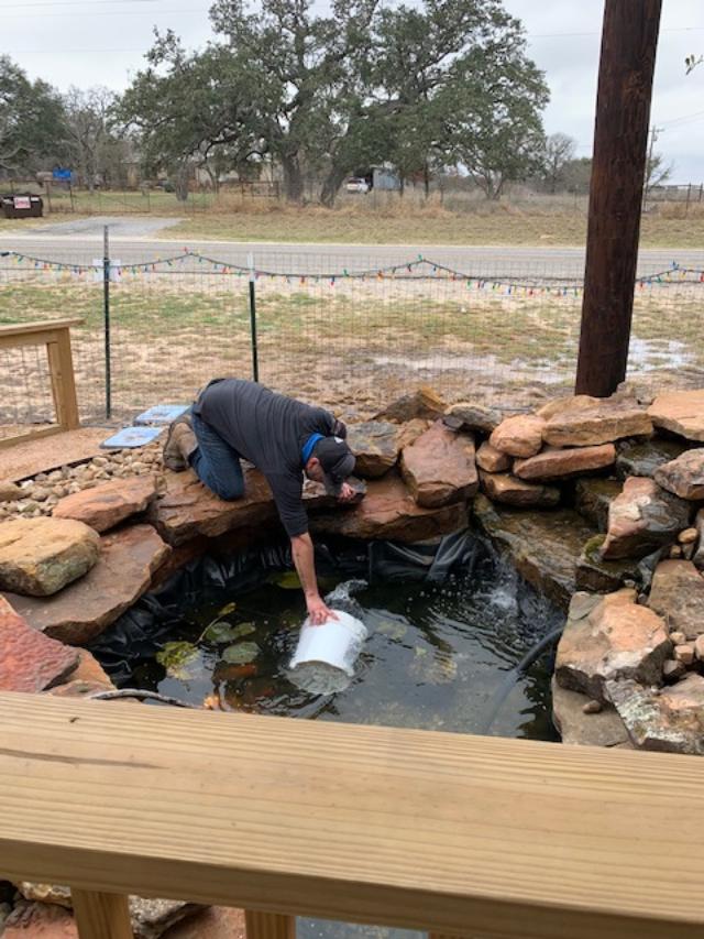 Our outdoor guys started emptying the pond with buckets so we could put some fresh water in.