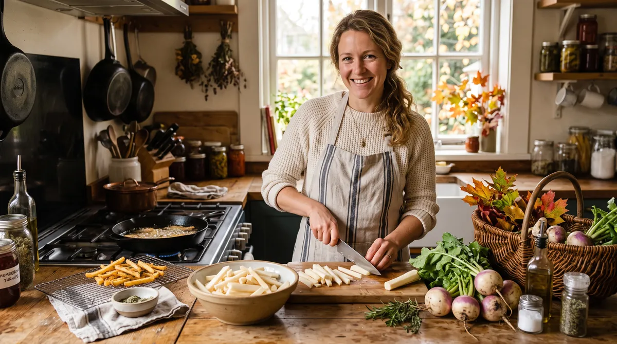 This lady is making French fries out of turnips. That is one way that to eat turnips from the fall garden.