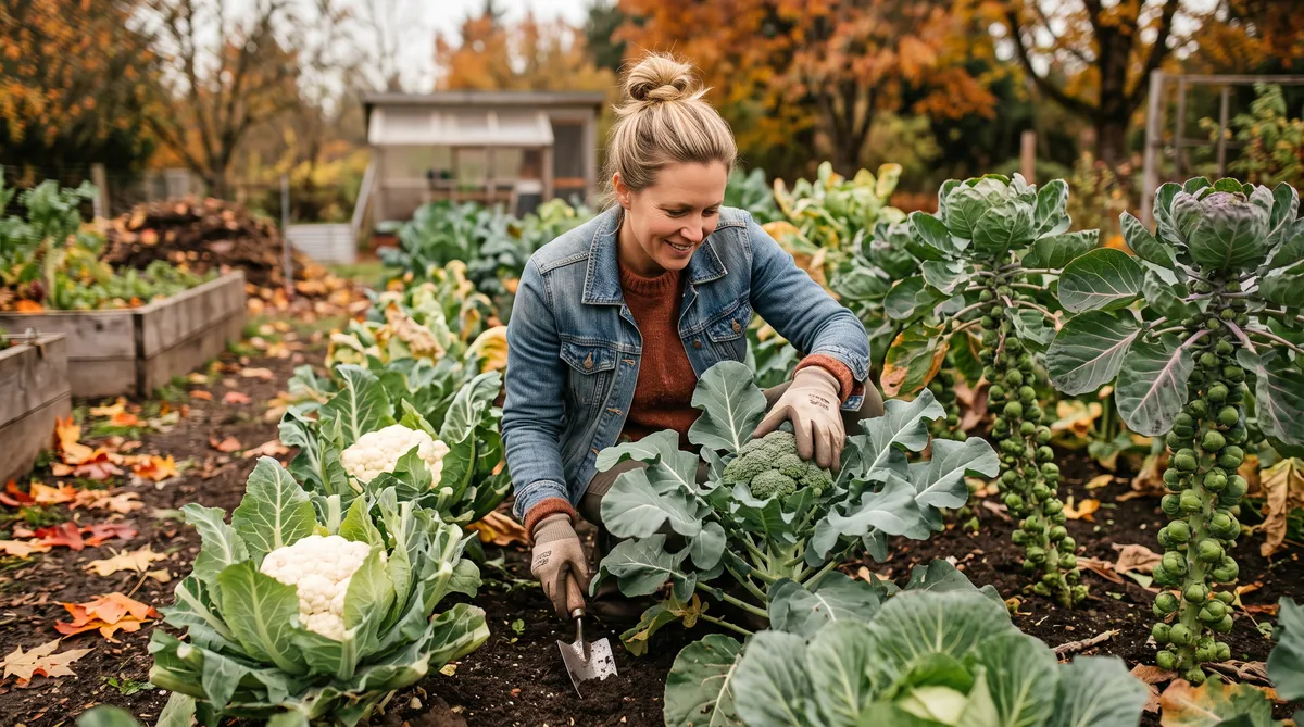This lady is harvesting broccoli,  cauliflower, and Brussels sprouts. Fall is the perfect time in Texas to grow them.