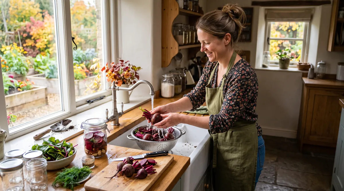 This lady is washing beets and greens. She will be canning beets and greens for winter eating. Yes, the greens from most roots are edible.