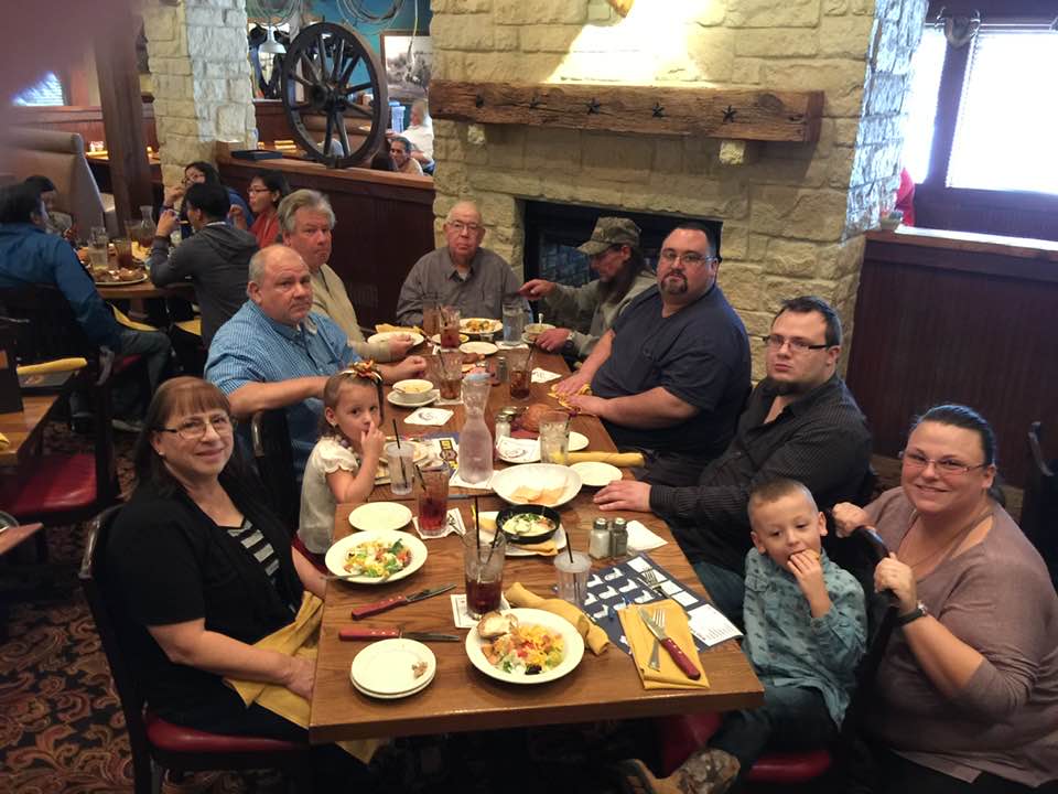 Some of our family eating at a local San Antonio restaurant. We love meat and veggies.