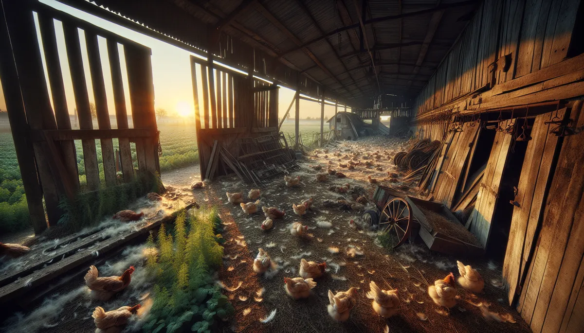 An abandoned chicken farm with a few hens.