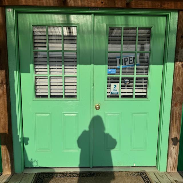 Time to open the Farm Store. Yes, that is my shadow on the doors.