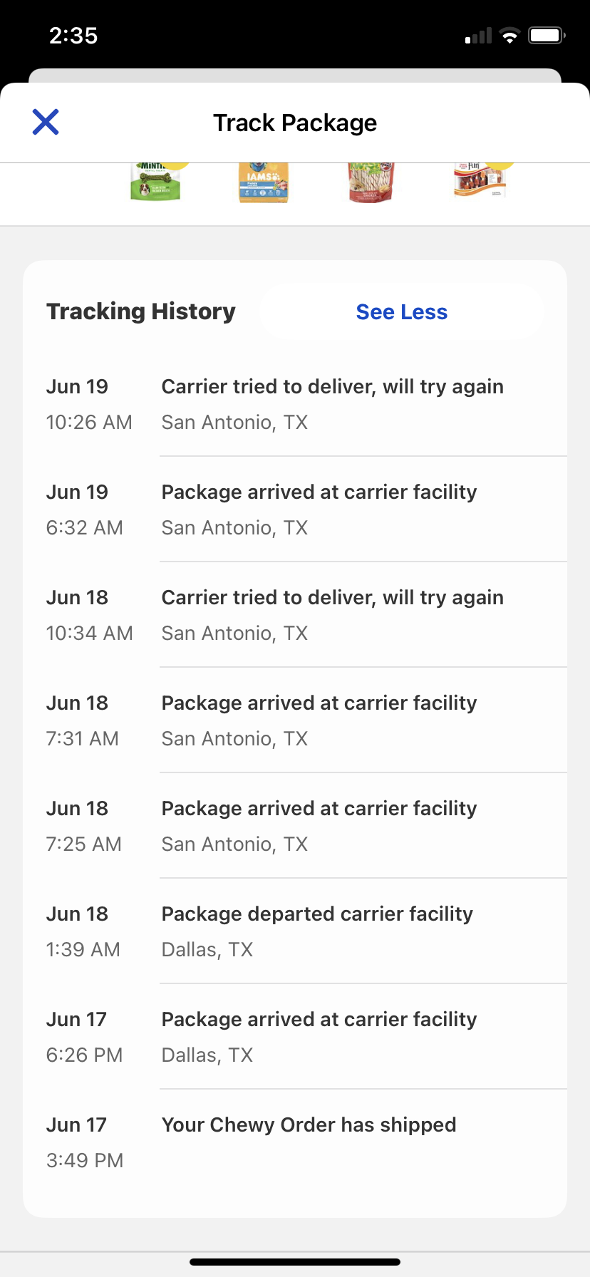 See how FedEx notates all of this so that when Chewy looks, they think I am lying and that FedEx actually tried to deliver. I was here all weekend. FedEx chose not to come and then said they did.
