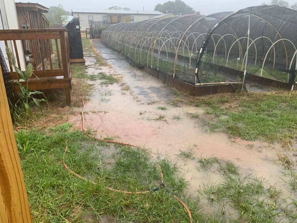 Pictured are the hoop houses, our home, feed shed and chicken coop plus a natural river area every time it rains. No human resources issues though.