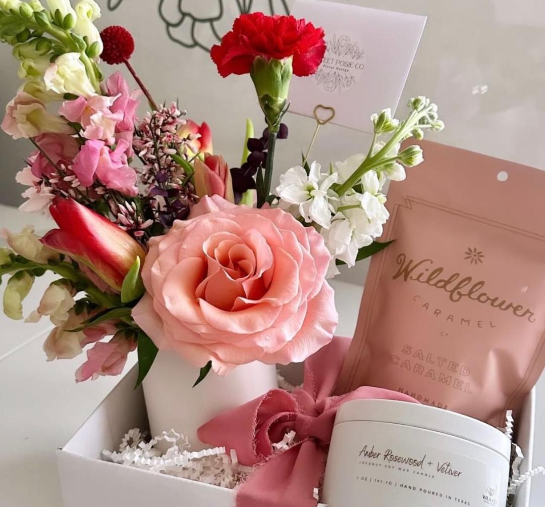 Pretty flowers, coconut candle, and the best caramels ever!