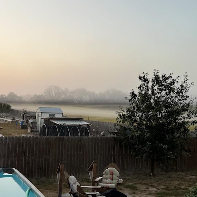 Chicken fortress, feed shed, rabbit hutch, and meat bird house plus a great view of the foggy field.