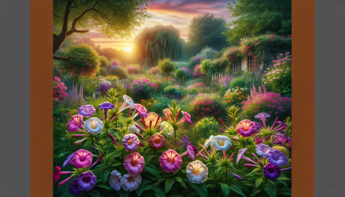 A tranquil garden scene featuring an aromatic and color-rich ensemble of Four o'clock flowers, members of the Morning Glory family. A tranquil garden scene featuring an aromatic and color-rich ensemble of Four o'clock flowers, members of the Morning Glory family.