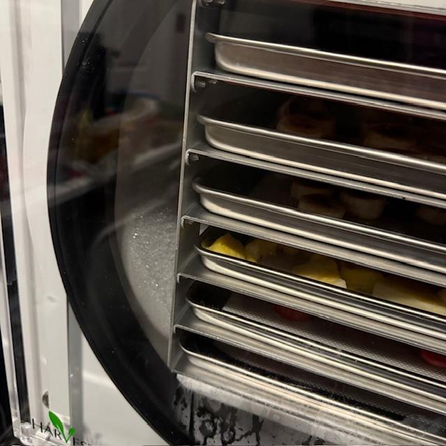 You can see ice on the inside of the freeze dryer along with some banana slices. You can see ice on the inside of the freeze dryer along with some banana slices.