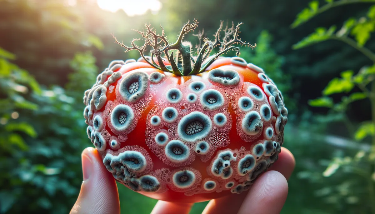 Talk about tomato problems! This poor tomato has fungus all over it. This means you are not watching your plants. Don't let it get this far.