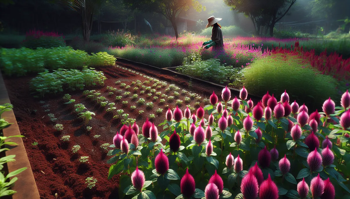 Multiple patches of amaranth plants at various stages of growth. The vibrant pink and magenta hues of the amaranth contrast strikingly with the surrounding greenery. Multiple patches of amaranth plants at various stages of growth. The vibrant pink and magenta hues of the amaranth contrast strikingly with the surrounding greenery.
