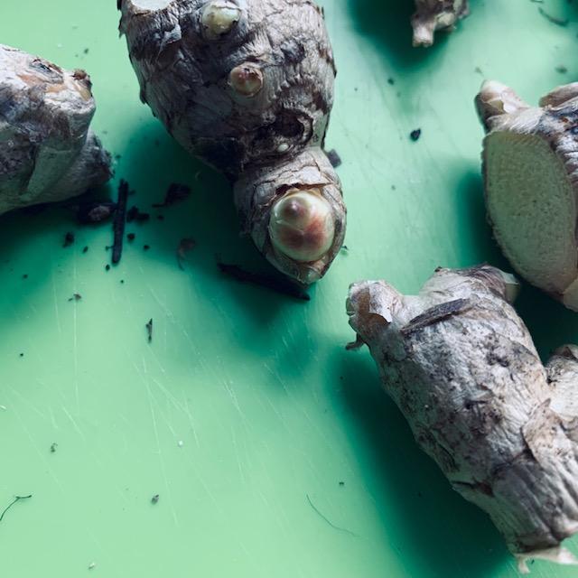 Once you've soaked your ginger, cut it into one and a half inch pieces.