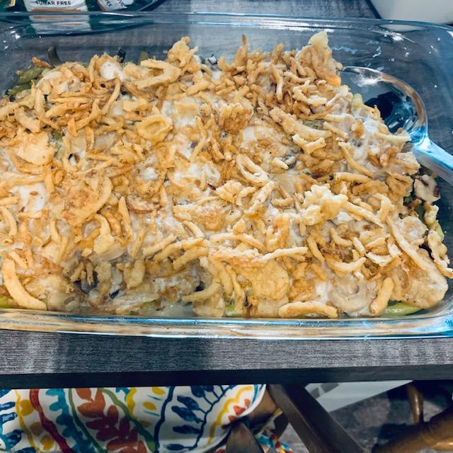 This is my green bean casserole this year made with fresh from the garden today green, yellow, and purple pole beans. So tasty!