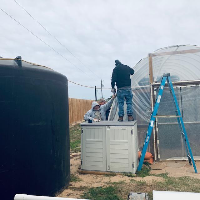 David and Nacho taking plastic off greenhouse.