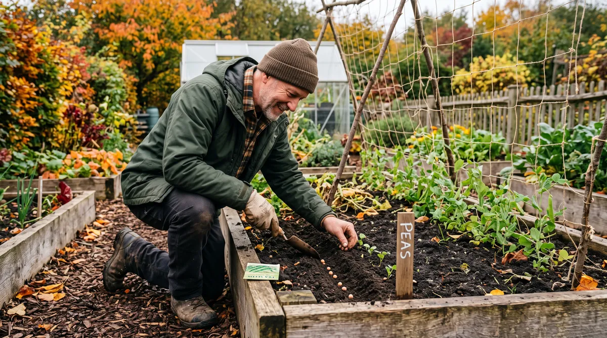 This man is planting peas.