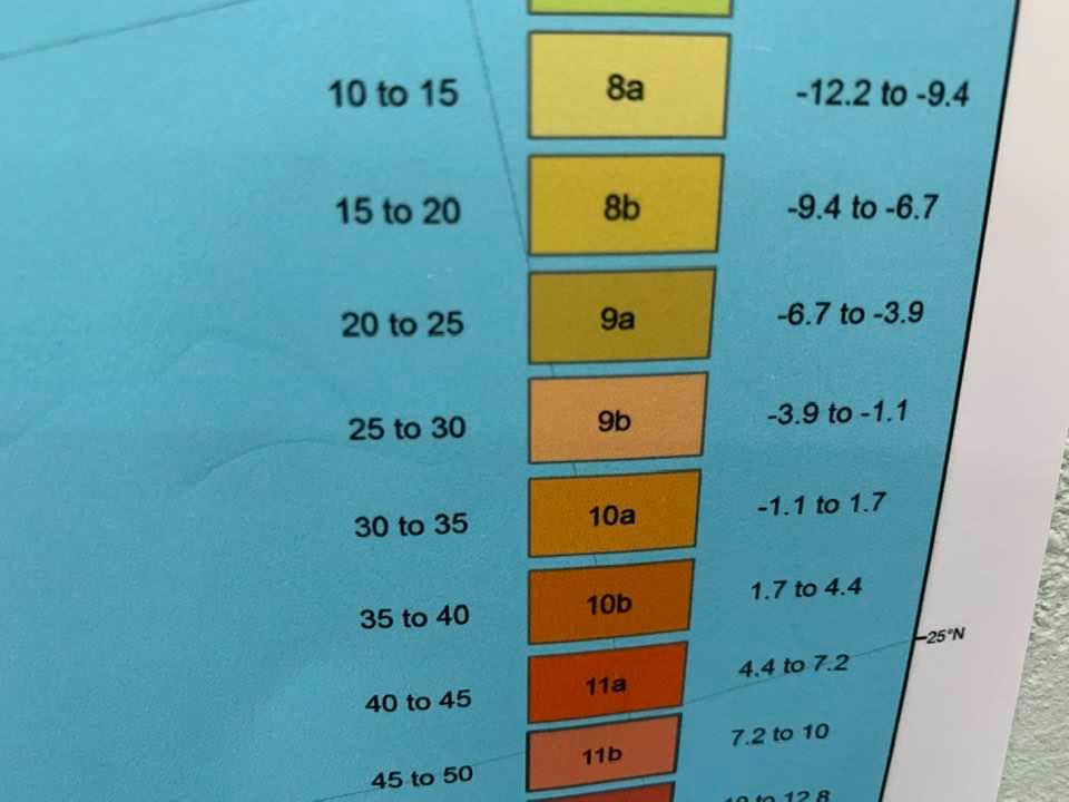 Growing Zones maps have a key showing colors for each area along with average cold temps in Fahrenheit and in Celsius. We are in 9A of the growing zones.