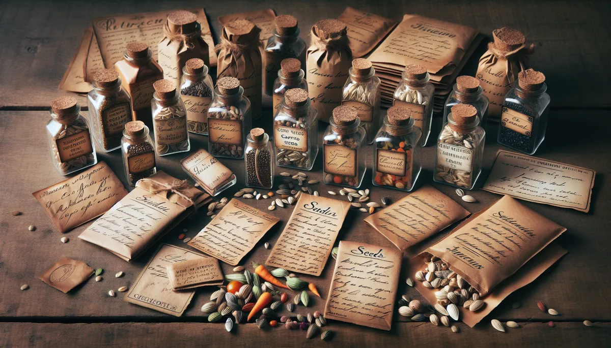 An assortment of old-fashioned heirloom garden seeds.