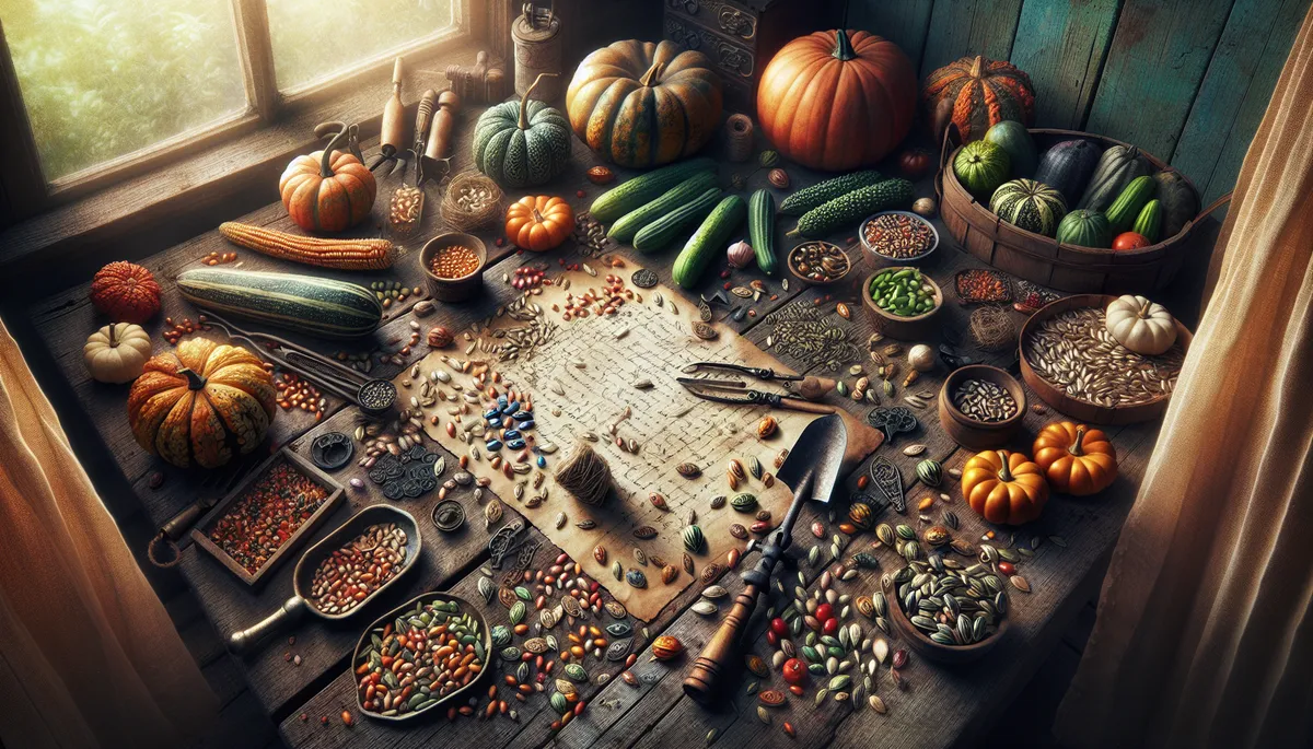 A panoramic view of an assortment of heirloom garden seeds spread across an old-fashioned wooden table. A panoramic view of an assortment of heirloom garden seeds spread across an old-fashioned wooden table.