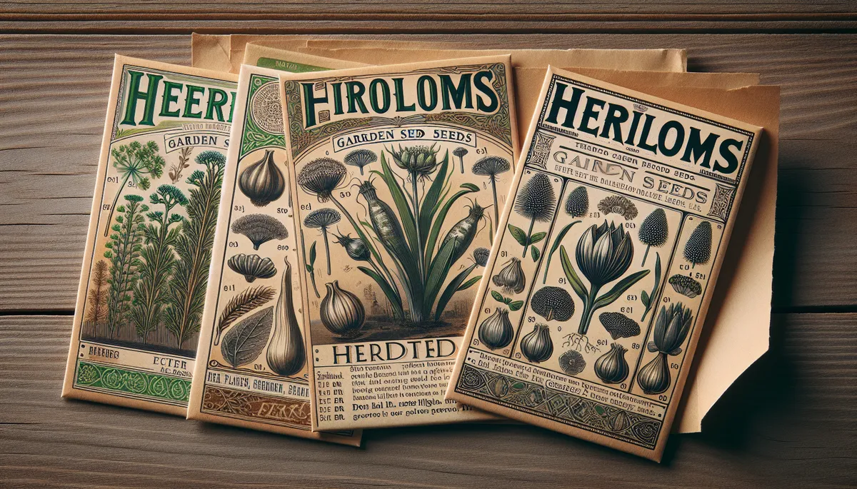 European heirloom garden seeds packs browned with age.
