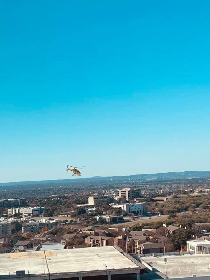 This is the incredible view from the 10th floor of Matt's hospital room. I snapped this shot as the medical helicopter went up.
