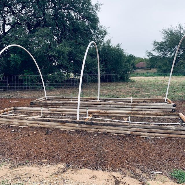 PVC pipe is screwed into the outside of the wooden raised beds.