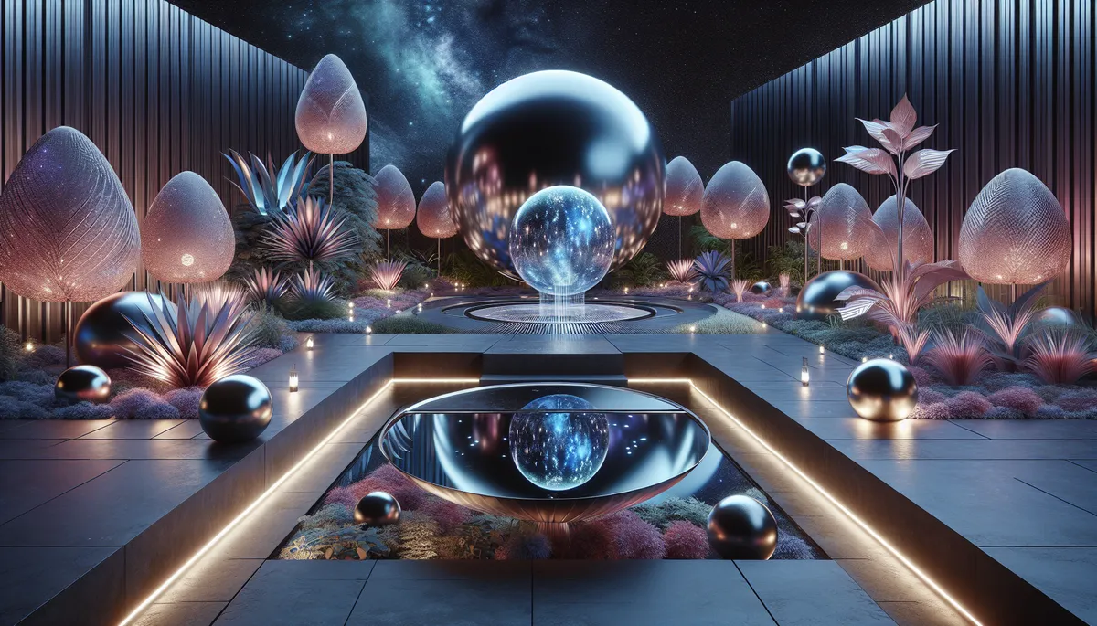 This hortifuturism scene is way too sci fi for me. It includes lots of shiny metal and pretend plants for gardener wannabes.