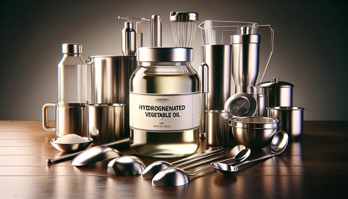 Here it is--a big jar of hydrogenated vegetable oil. It helps prepared packaged foods to last longer on store shelves. Here it is--a big jar of hydrogenated vegetable oil. It helps prepared packaged foods to last longer on store shelves.
