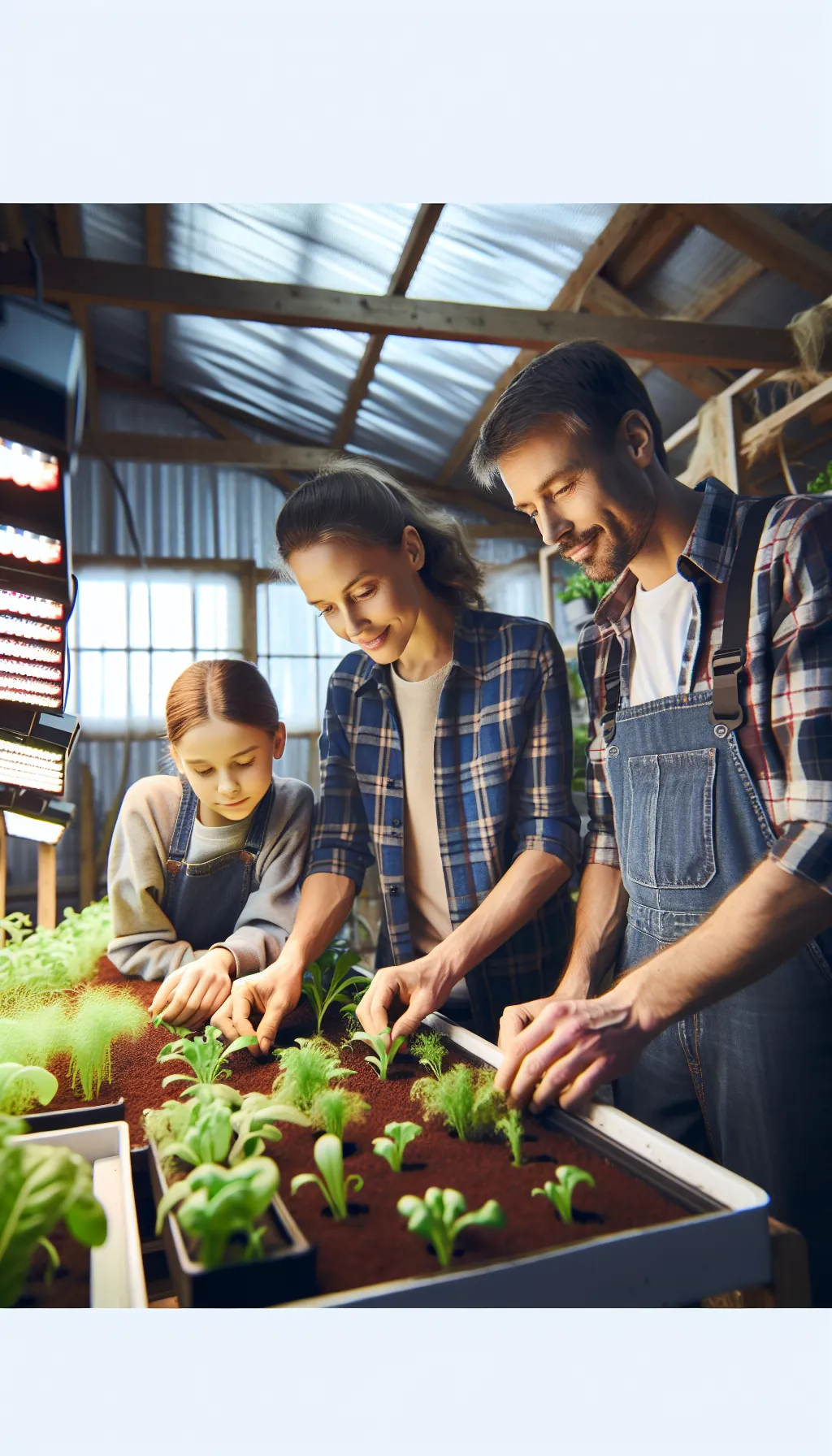 A family engaging in indoor farming activities inside their barn, tending to a variety of plants under grow lights.