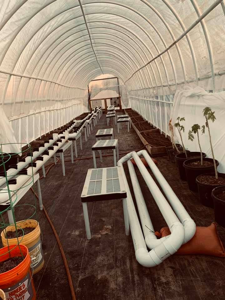 The inside of our new greenhouse has raised garden beds for winter in Texas planting that will be toasty warm as well as shelves for potted plants.