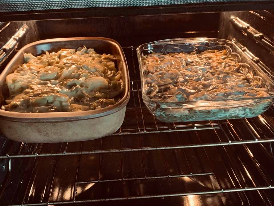 Two sides--jalapeno potatoes and green bean casserole, ready to bake. They are simply delicious!
