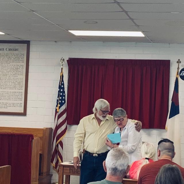 Here is Annalee presenting the card to Pastor Jerry Solomon for Pastor Appreciation.