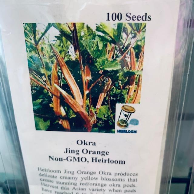 This is our Jing Orange Okra seed packet. Planting okra can be fun when you plant different colors. Don't be afraid of trying new colors of your favorite vegetables.
