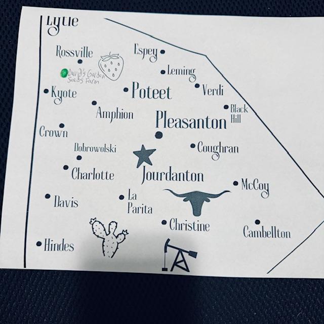 David's Garden Seeds Farm is actually located between Rossville and Kyote on the upper left portion of this map. We are not near Poteet.