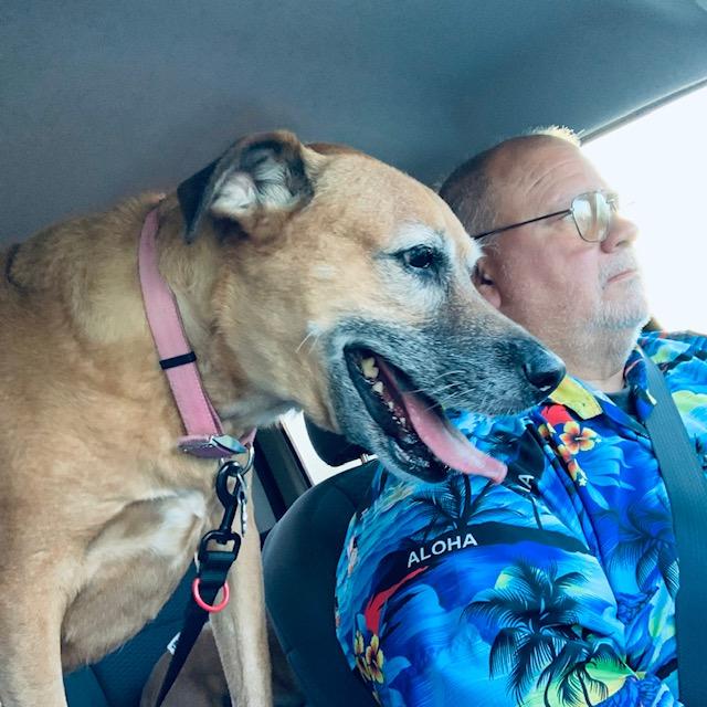 Lucy and David on the way to the vet.