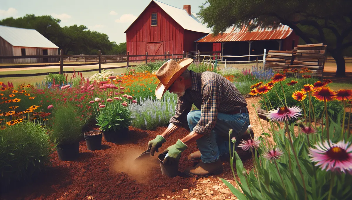 A master gardener transplants started plants into the ground.