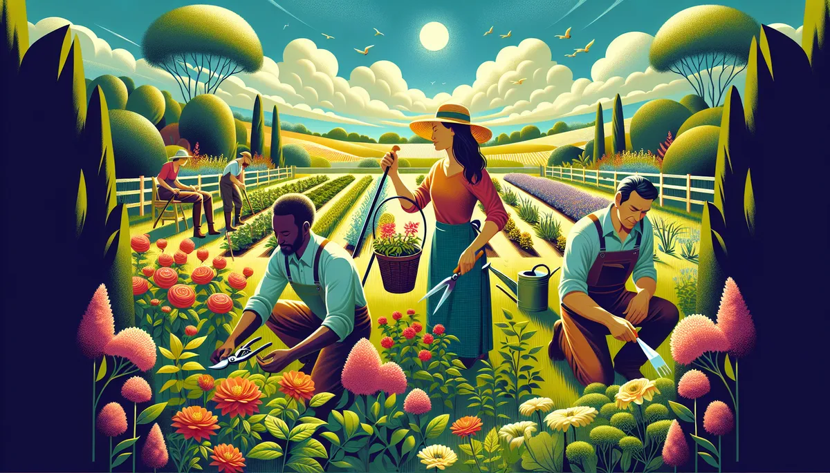 A group of master gardeners appear to work in the heat.