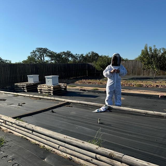 Matt is getting ready to feed the bees.