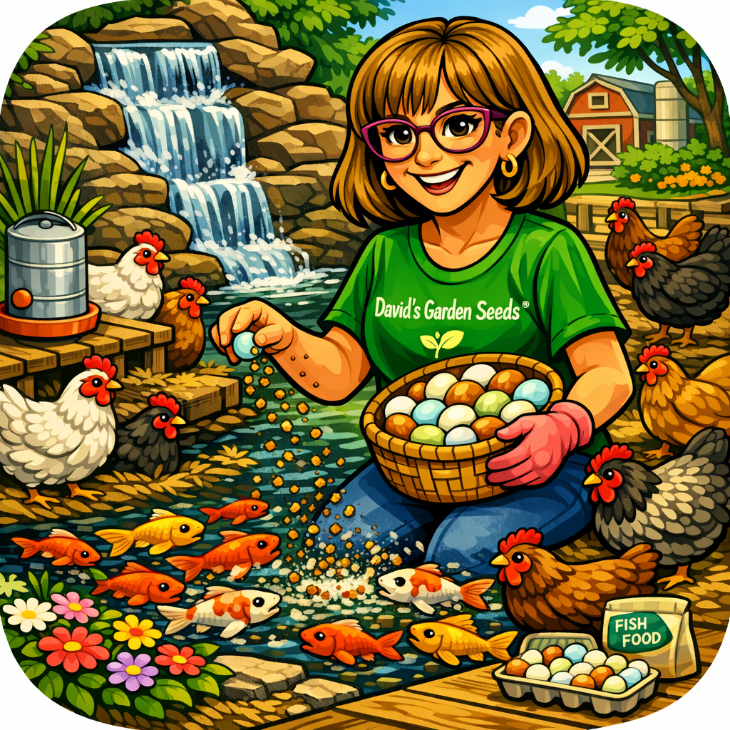 AI goes a bit crazy combining the pond with the chickens in this picture. The chickens are really out back and the pond is next to our Farm Store in the front of the property.