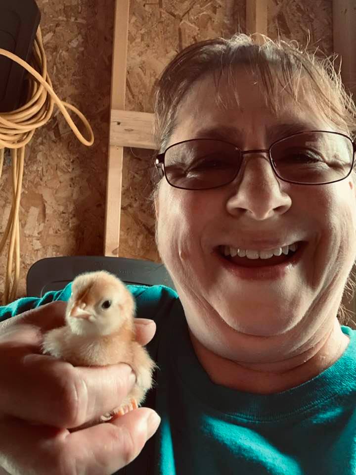 Me in March of 2021 with a new chick. They don't stay fuzzy for long. The feathers start coming out in a week.