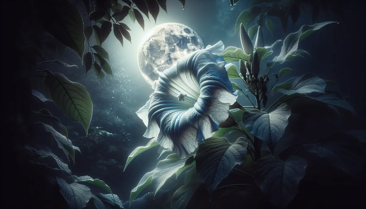 The silver moonlight softly illuminates the surrounding garden, casting beautiful shadows and making the moonflower, a member of the morning glory family a show-stopper. The silver moonlight softly illuminates the surrounding garden, casting beautiful shadows and making the moonflower, a member of the morning glory family a show-stopper.